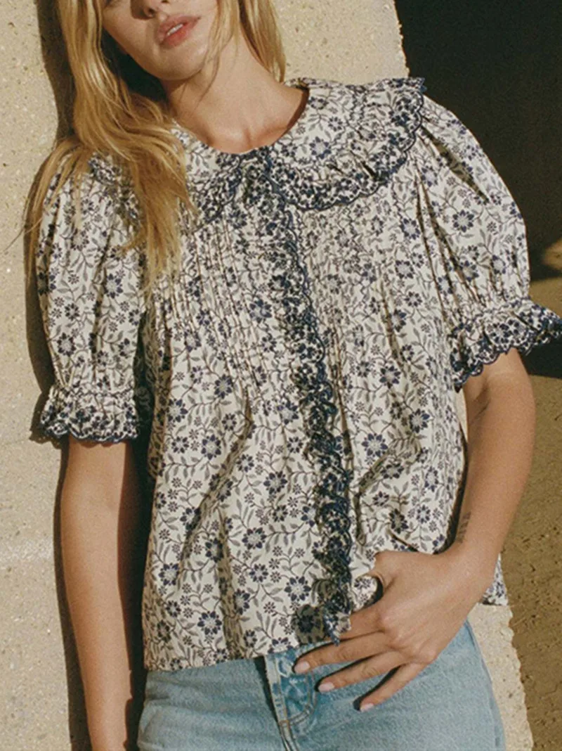 

Женская винтажная блузка с цветочным принтом, короткая однобортная милая блузка с цветочным принтом и оборками в пасторальном стиле с воро...