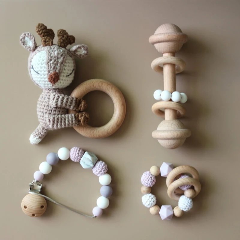 

Baby Pacifier Clip Chain Dummy Holder Wooden Teething Bracelet DIY Crochet Deer Teether Infants Rattle Soother Molar Toy