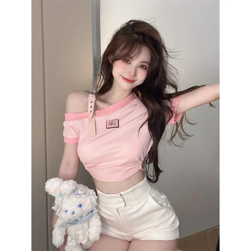 

Summer Style Sweetheart Diagonal Shoulder Strap Short Sleeve T-shirt Self-cultivation Women's Cropped Top Pink