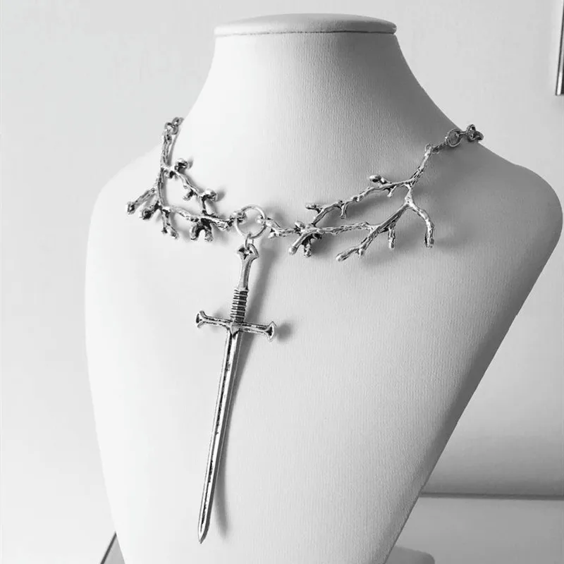 Vintage Silver Color Tree Branch Cross Sword Pendant Necklace for Women Men's Goth Punk Choker Necklace Chain Retro Jewelry