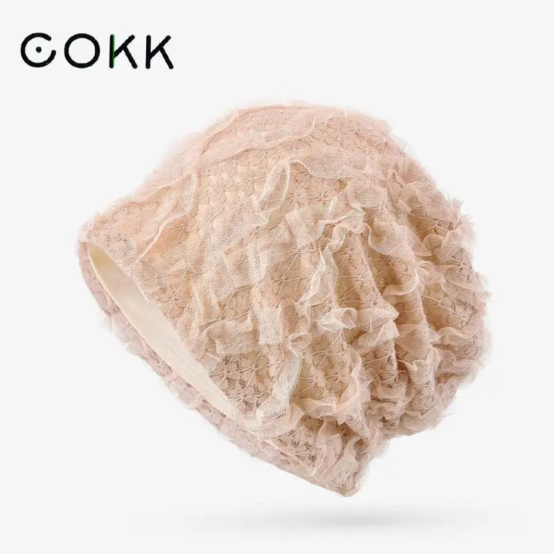 

COKK Beanie Hat Women Lace Double Layer Headwrap Slouchy Cap Bonnet Femme Summer Autumn Lady Hats Breathable Thin Beanies New