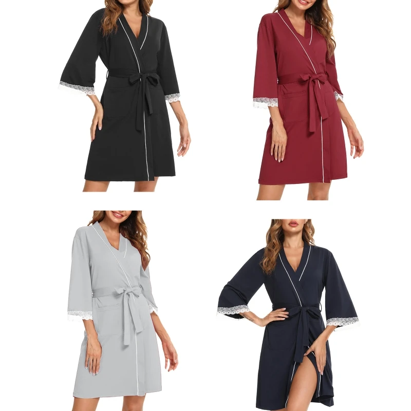 

Банный женский хлопковый, легкий, с кружевами, 3/4 рукавами, карманами, цвет черный, синий, винно-красный, серый, для свадьбы