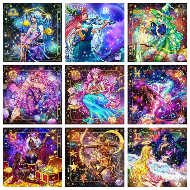 Fantasy Zodiac Sign Art Diamond Painting AB Drills Aries Pisces Virgo Constellation Cartoon Fairy Cross Stitch Mosaic Home Decor