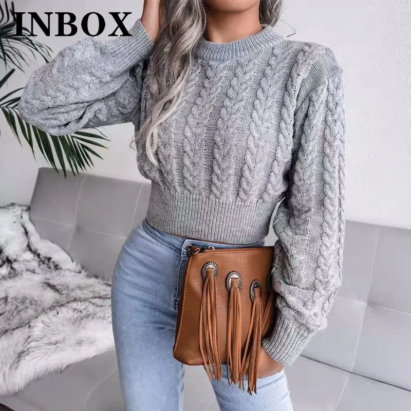 

Модный облегающий свитер INBOX, женские короткие пуловеры с круглым вырезом, Женские Повседневные вязаные пуловеры, весна 2023