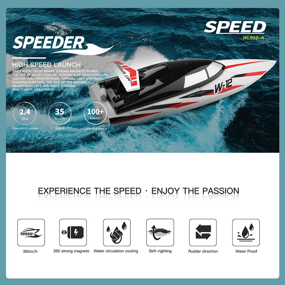 

WLtoys WL912 A RC Boat 35KM/H High Speed Racing RC Boat for Kids and Adults Toys 2.4GHz Remote Control Boat for Pools or Lakes