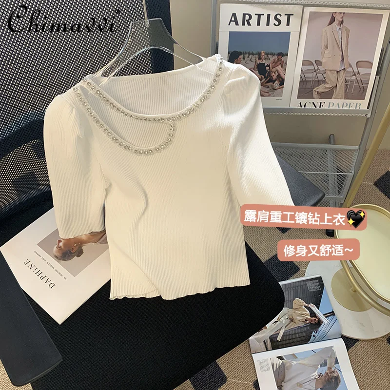 

High-End Short Beaded Short-Sleeved Top for Women 2022 Early Spring New Fashion Korean Style Sweet Slim Fit Elegant T-shirt