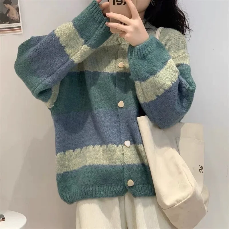 

Color Contrast Patchwork Cardigan 2022 Autumn New Knitwear Purple Loose Korean Style Sweater Coat Fashion casaco feminino