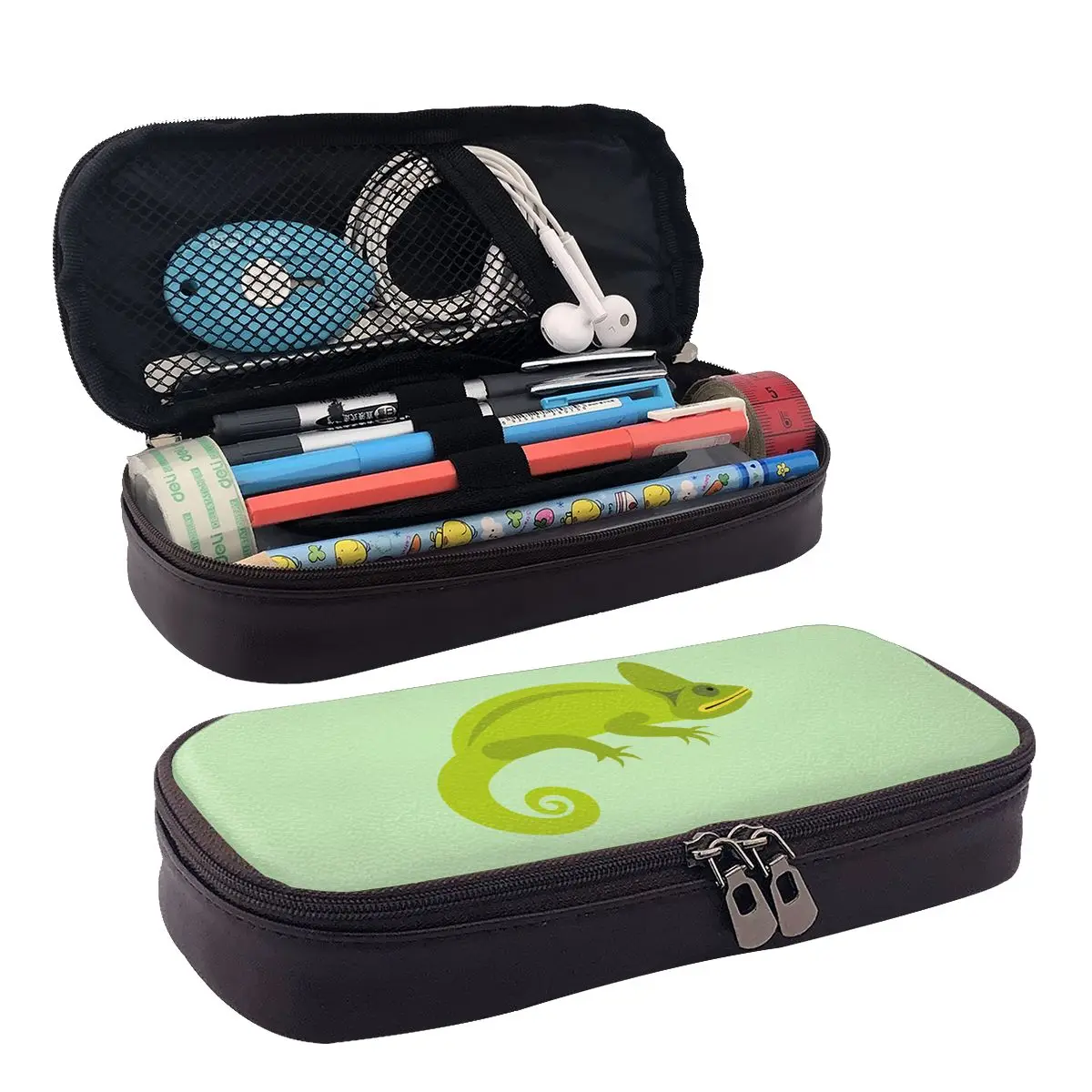 

Green Chameleon Leather Pencil Case Zipper Pencil Box Stationery Pen Pouch for Boys Girls School Students Work Office