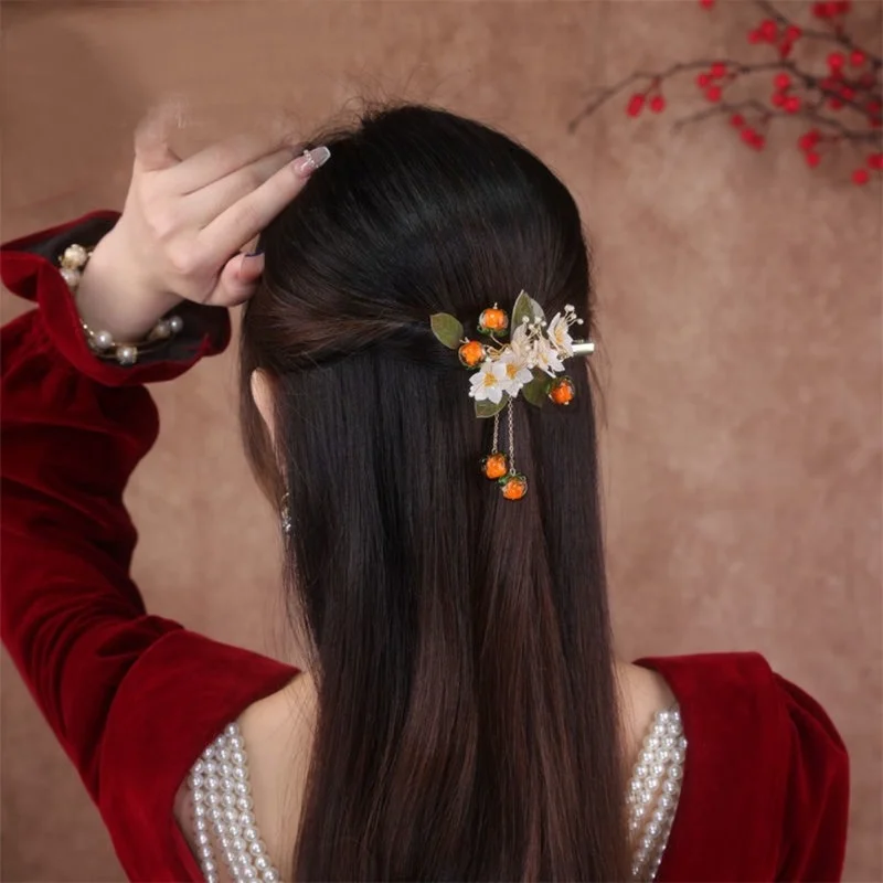 

chinese han style barrette women hair accessories flower cluster tassel persimmon edge clip