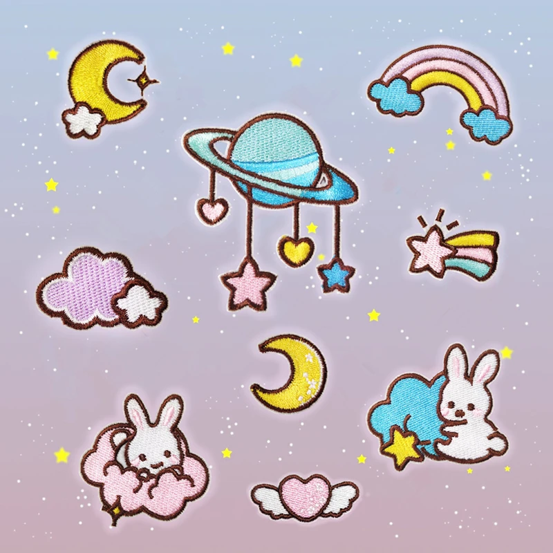 

9Pcs Cute Leporidae Embroidery Cloth Sticker Planet Embroidered Patch Iron On Diy Stripe Clothing Hat Badges Iron Sewing Patches