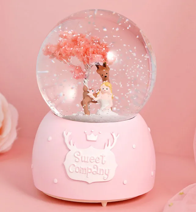 Музыкальная шкатулка в виде хрустального шара Вишневое дерево Единорог девушки