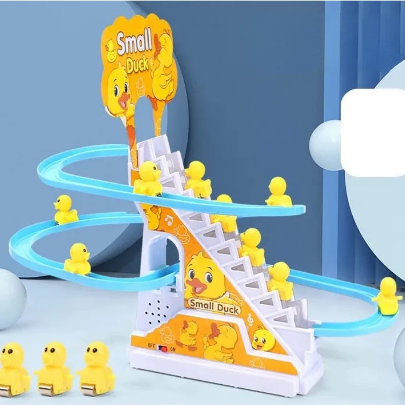 

DIY Rail Racing Track Electric Small Duck Climbing Stairs Toy Pig Music Roller Coaster Parent-child Interaction Toy for Kid Gift
