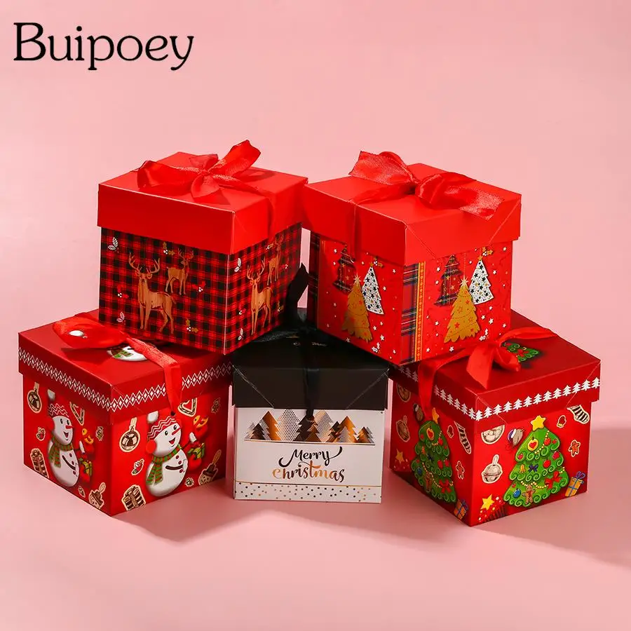 

Buipoey 10pcs/lot Individual Package 10cm*10cm*10cm Red Christmas Square Box Fit Xmas Jewelry Gift Paper Boxes With Ribbon