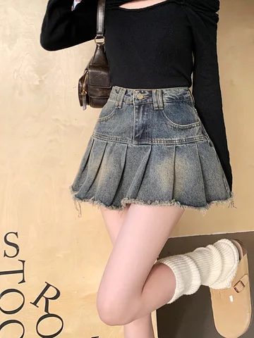 Винтажная Джинсовая юбка в стиле ретро, женские плиссированные пикантные короткие юбки, Корейская Ретро мода, эстетичная Повседневная трапециевидная уличная одежда, джинсовая юбка
