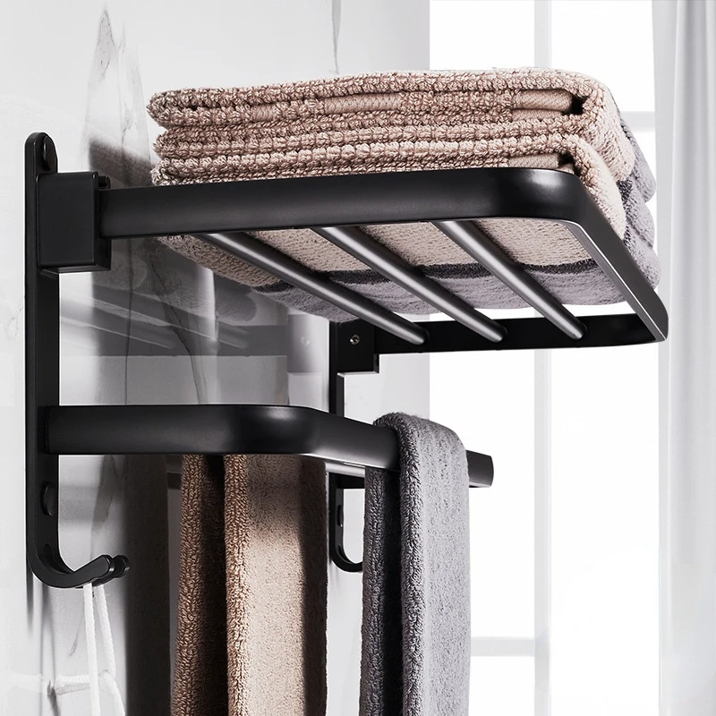 

Space Aluminum Towel Holder Punch-free Bathroom Shelf 90 Degree Folding Towel Stand All-match Scene Wall Shelves Many Styles