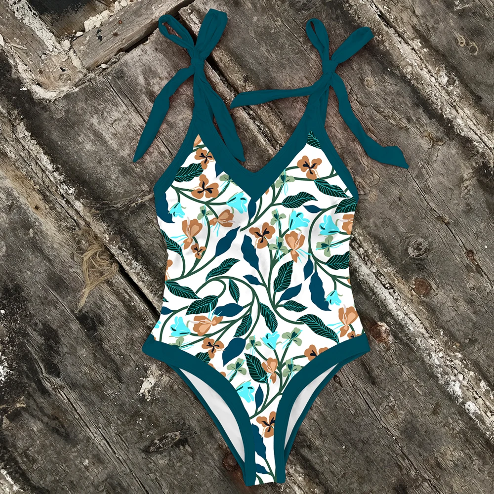 Слитный купальник с бантом и завязками на плечах абстрактным принтом монокини