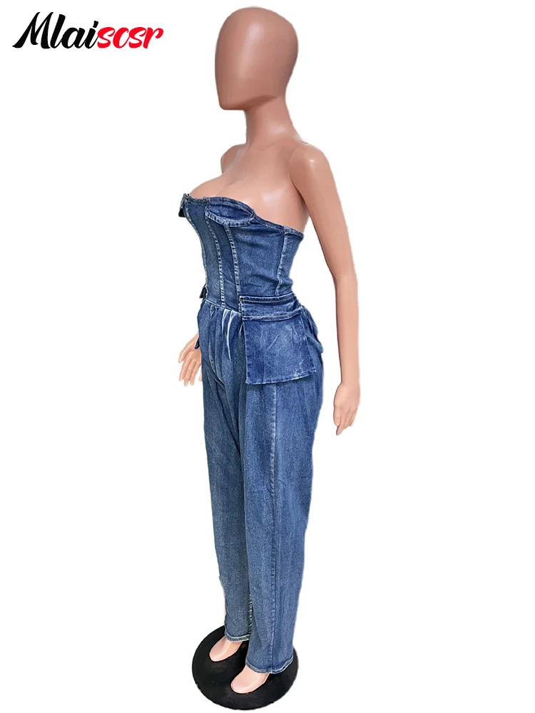 Mlaiscsr синие эластичные джинсовые комбинезоны без бретелек рукавов с карманами и