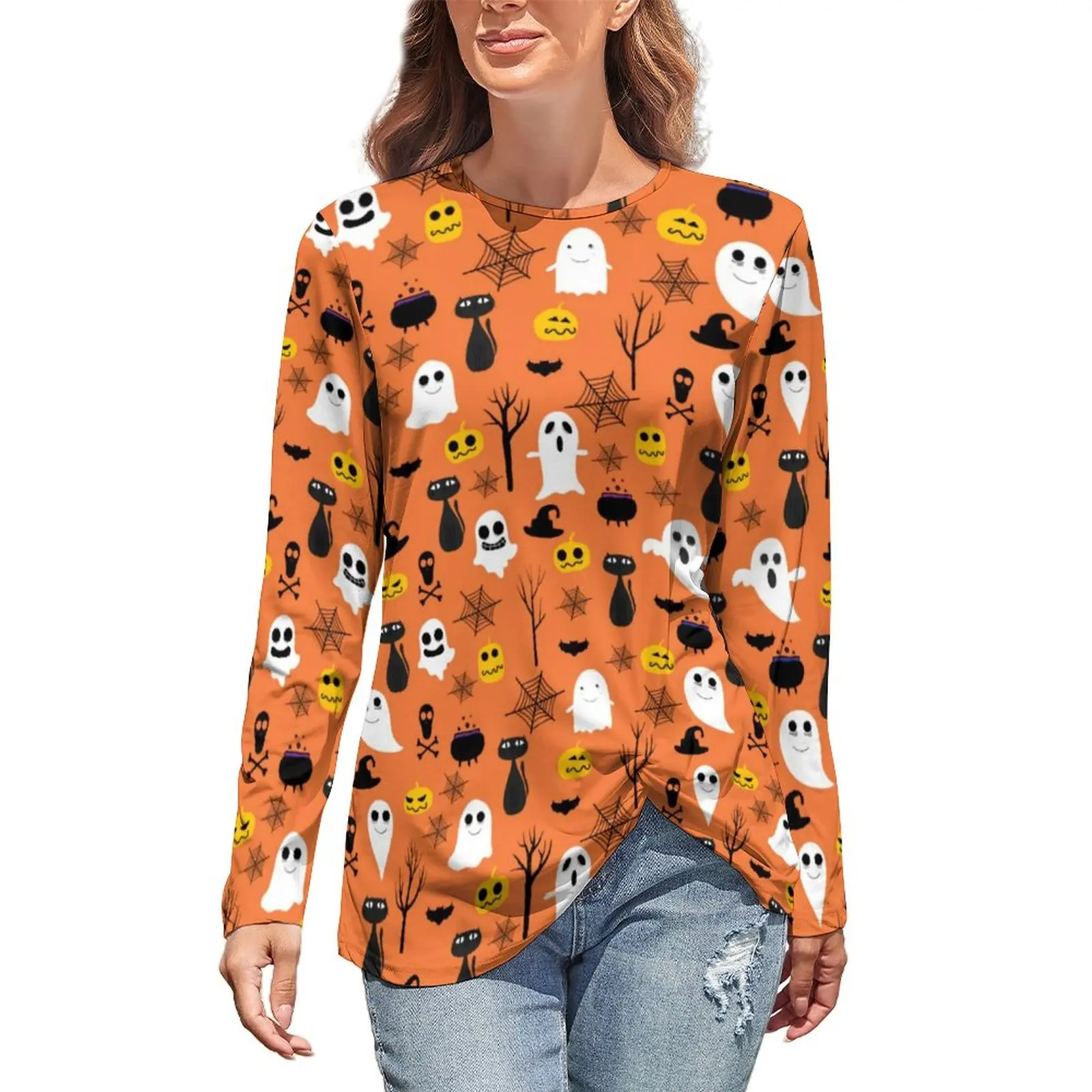 

Funny Ghost T Shirts Spooky Halloween Print Aesthetic T-Shirt Spring Long Sleeve Classic Tops Oversized Graphic Top Tees