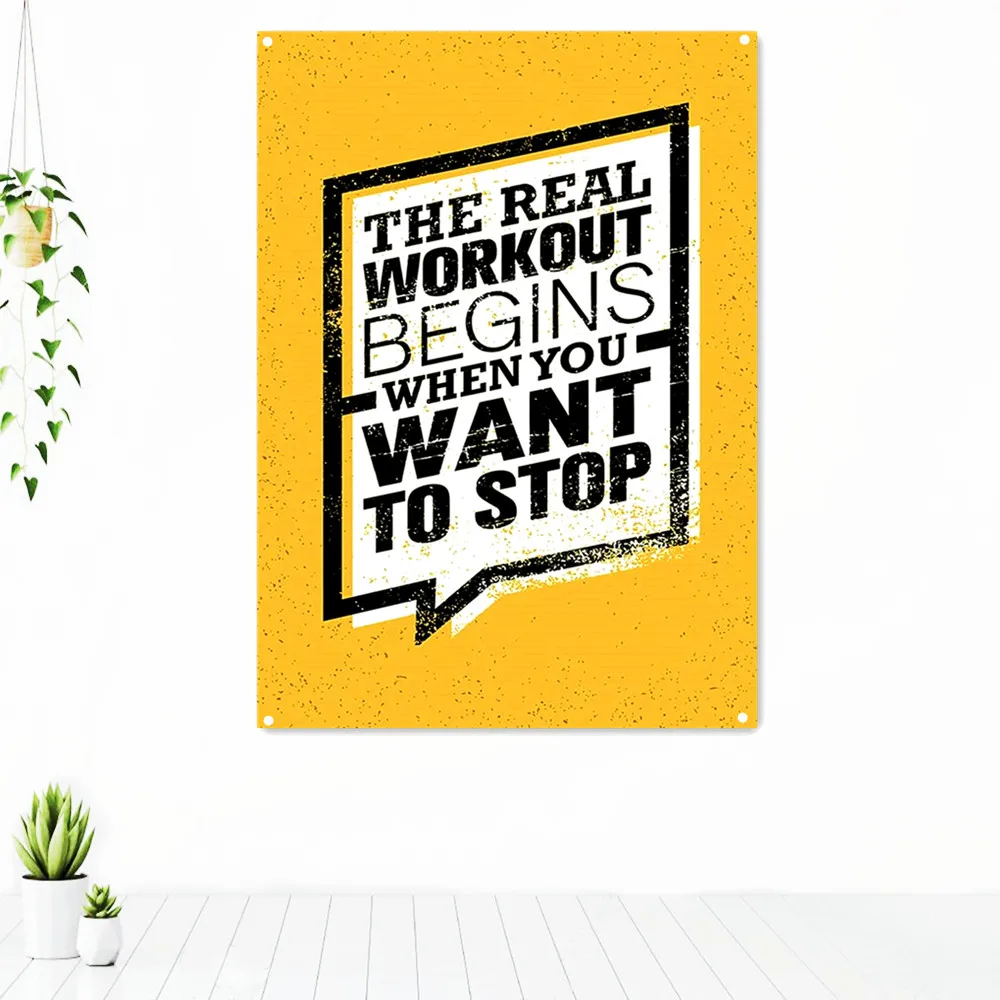 

THE REAL WORKOUT BEGINS WHEN YOU WANT TO STOP Fitness Poster Wall Art Exercise Inspirational Tapestry Gym Decorative Banner Flag