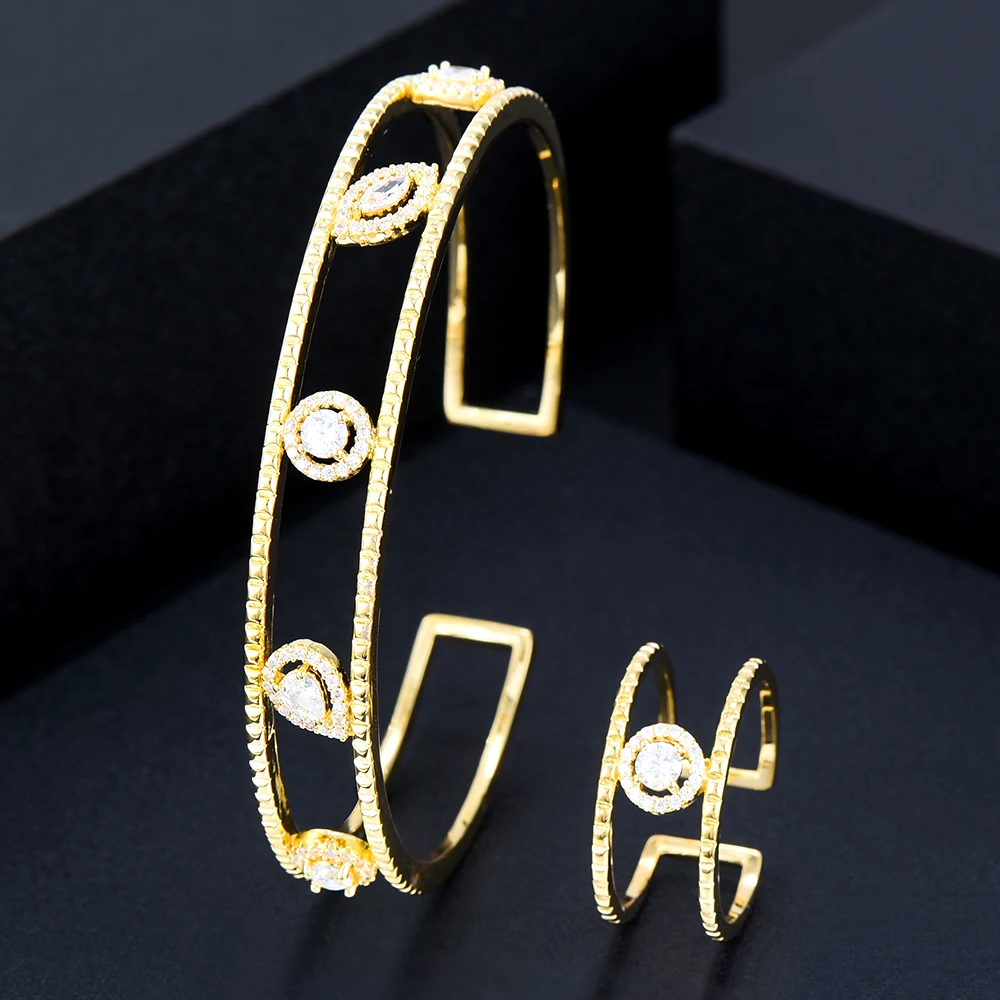 

Blachette Dubai African Jewelry Set Stackable Hollow Bangle Ring For Women Bridal Wedding Cubic Zircon Luxury Bracelet Party