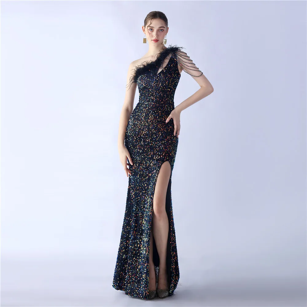 

2023 Hot dress,Ostrich Hair Craft Oblique Shoulder Side Split High end Evening Dress