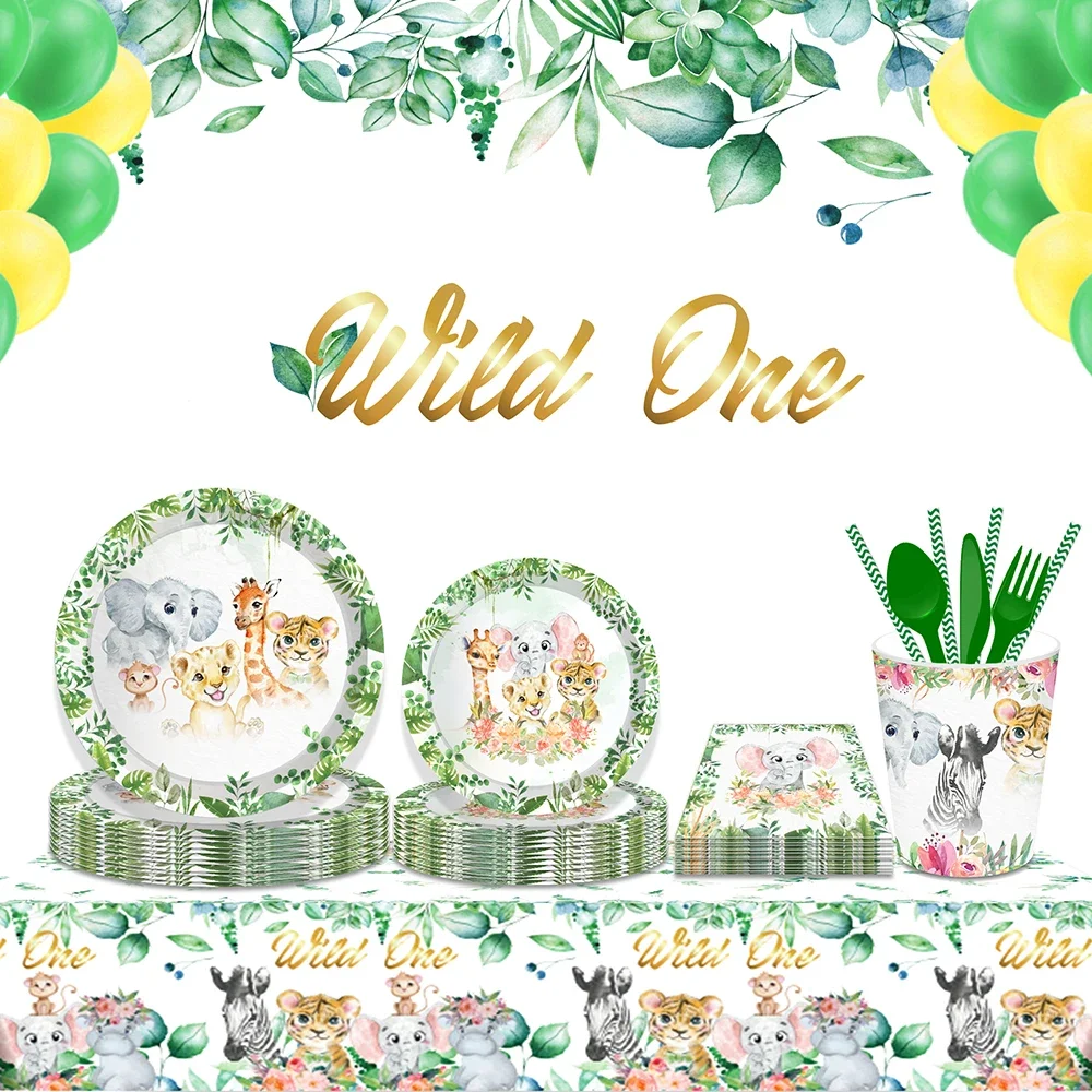 

Cartoon Baby Shower Party Art Jungle Animals Wild ONE Birthday Party Disposable Tableware Sets Plates Tablecovers Decorations