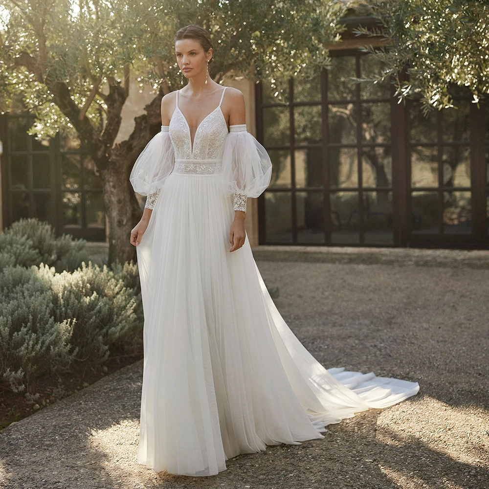 

Modern Wedding Dress V-Neck Puff Sleeves Backless Robe De Mariage 2022 Nouveauté Chiffon Court Train A-Line Vestido De Noiva