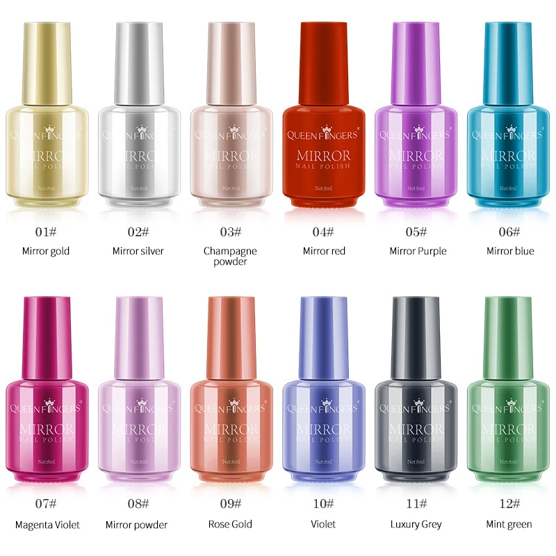 

12 Colors Mirror Metallic Nail Polish 8ml Laser Quick-drying Long-lasting Semi-permanent Nail Polish Nail Art Phototherapy Glue