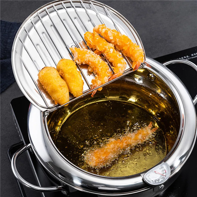

Japanese Deep Frying Pot with a Thermometer and a Lid 304 Stainless Steel Kitchen Tempura Fryer Pan