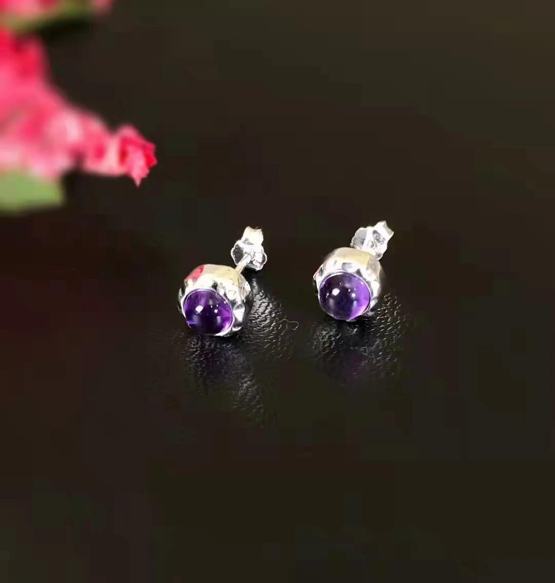 

925 Sterling Silver Korean Version Simple Temperament Natural Amethyst Stud Earrings Retro For Women