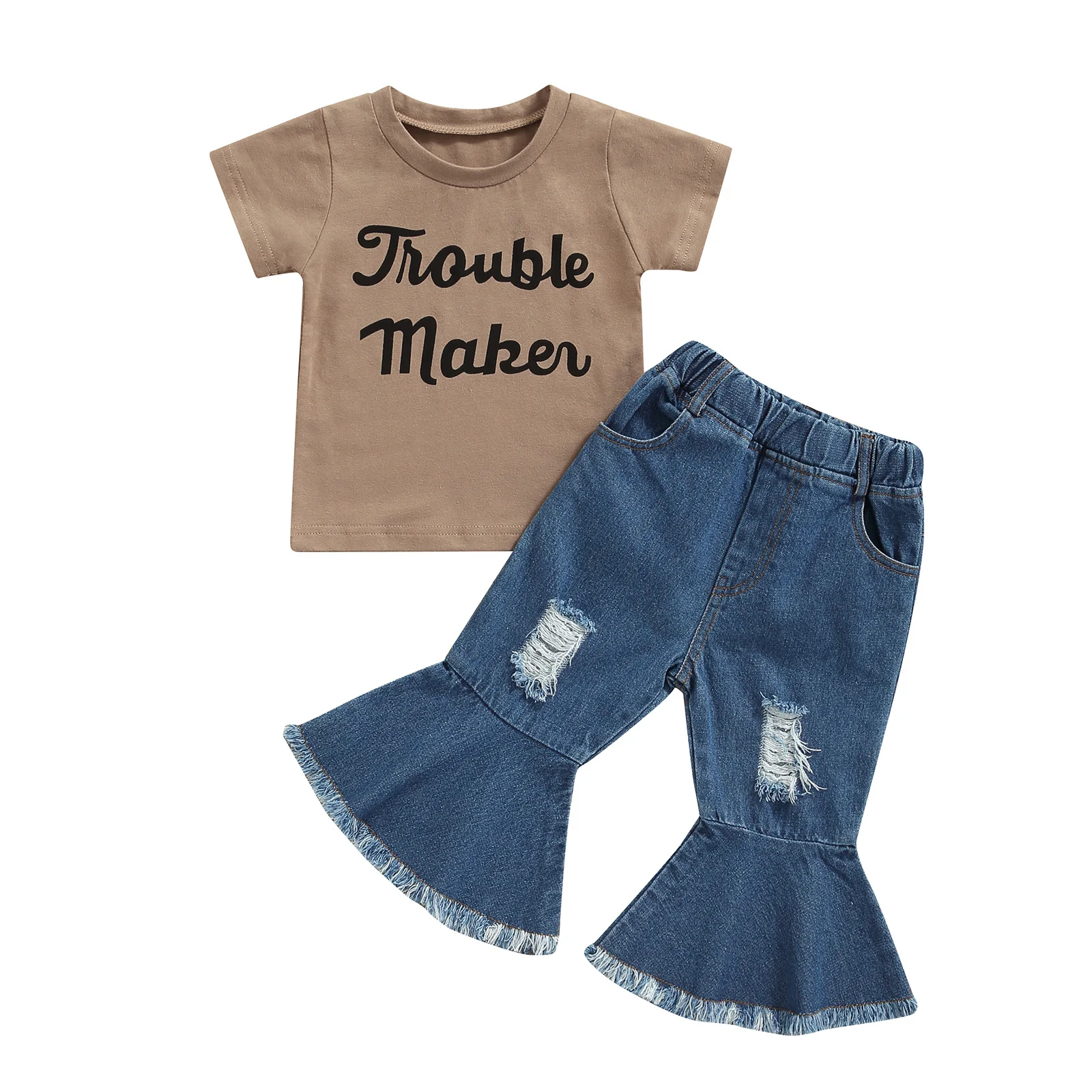 

Летняя футболка для маленьких девочек, комплект, топы с коротким рукавом и буквенным принтом и повседневные рваные джинсовые расклешенные ...