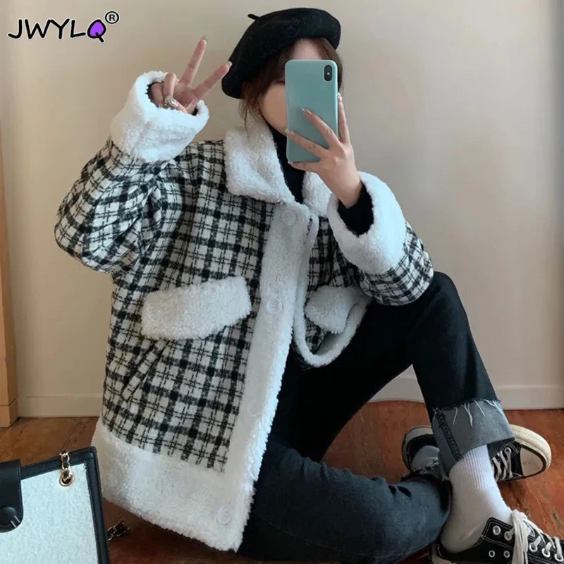 

Корейский плотный теплый клетчатый принт пальто для женщин осень-зима отложной воротник однобортная женская одежда новая флисовая верхняя...