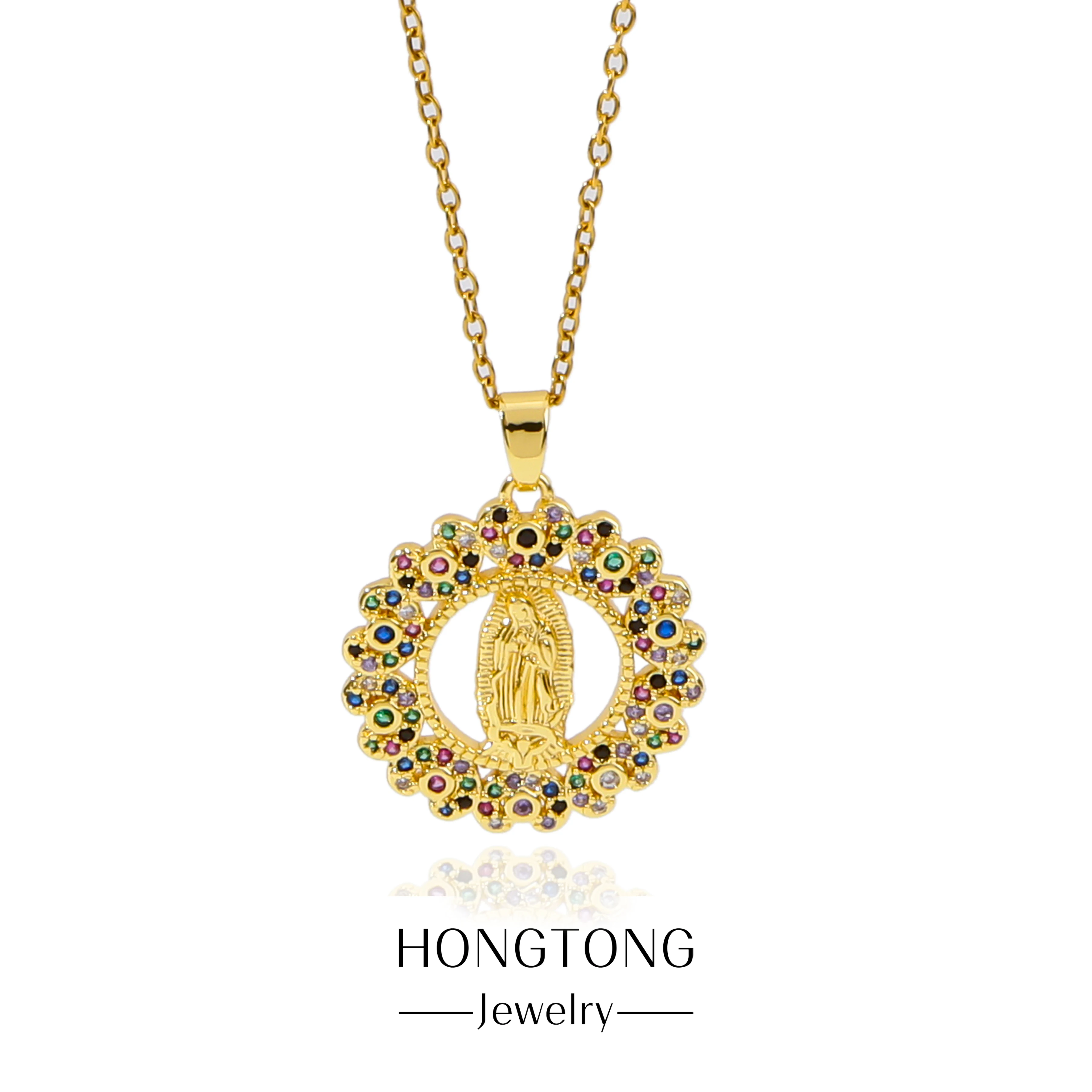 

HONGTONG Round Hollowed Out Virgin Mary Pendant Heart-Shaped Random Colorful Zircon Inlaid Stainless Necklace Religious Gift