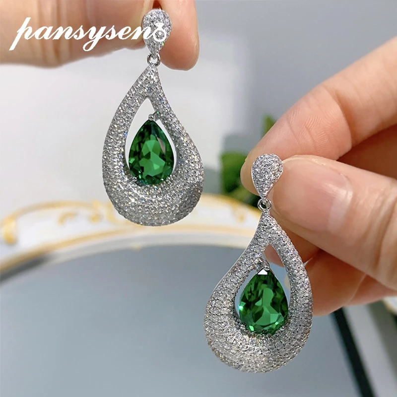 

PANSYSEN Vintage Solid 925 Sterling Silver 9*13MM Emerald Diamond Gemstone Drop Earrings High Quality Anniversary Gift Wholesale