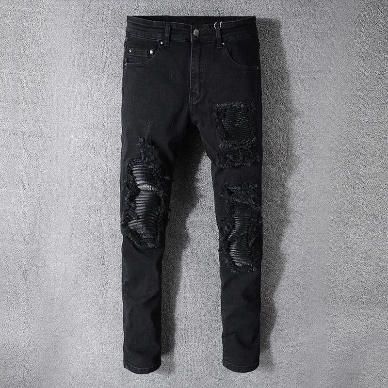 

Men Slim 2023 Patchwork High Quality Stretch Denim Biker Jeans For Motorcycle Casual Skinny Patch Ripped Distressed Pant