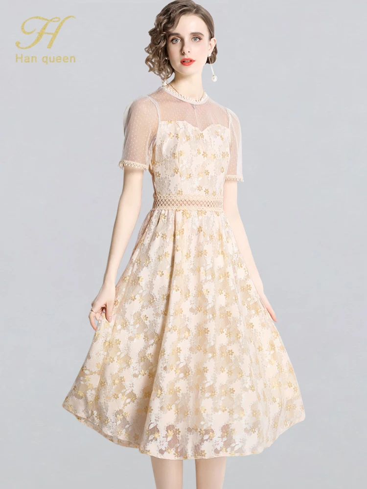 

Женское платье с коротким рукавом H Han Queen, винтажное кружевное платье-трапеция с цветочным принтом, повседневное и праздничное платье для ра...