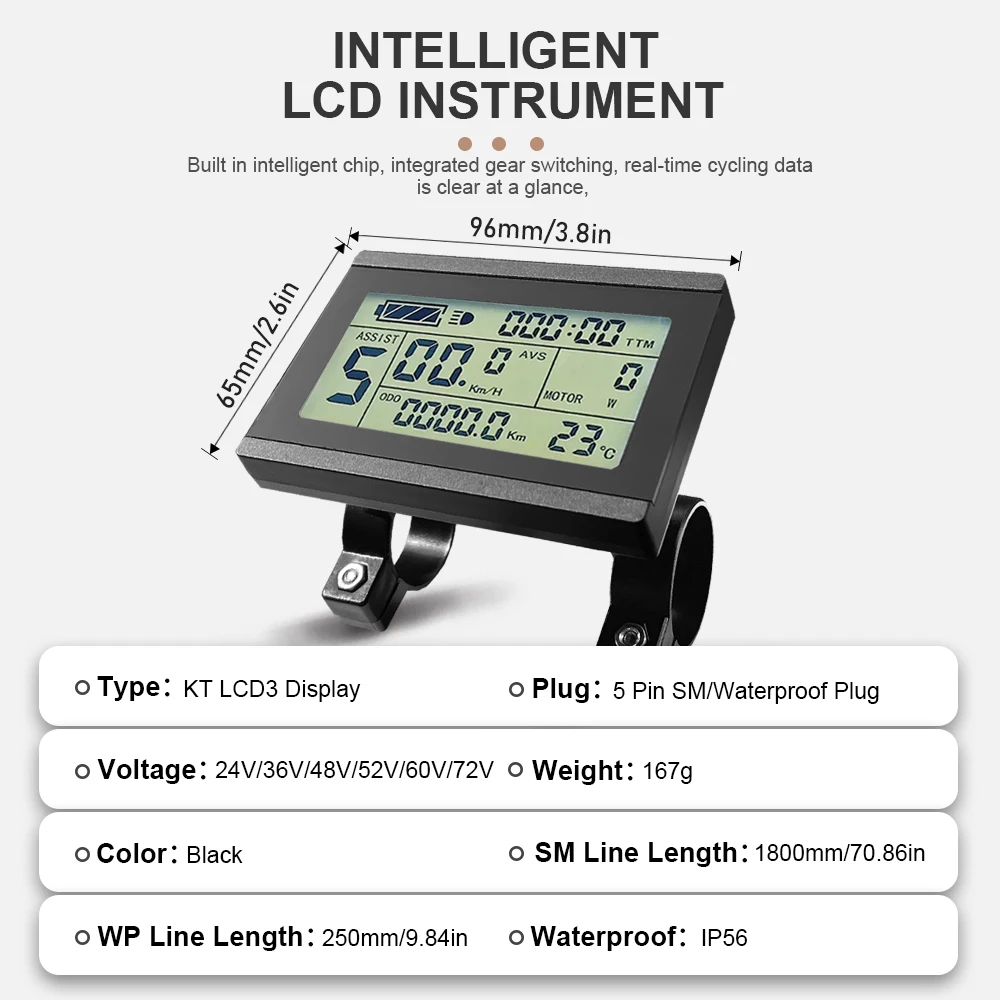 Фото Интеллектуальный контроллер Ebike KT Display LCD3 с водонепроницаемым разъемом SM (24В, 36В, 48В, 52В, 60В, 72В) для комплекта переоборудования электровелосипеда №1