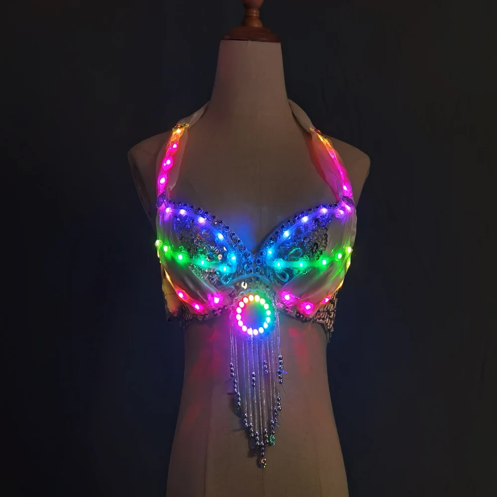 LED lights Bling Mermaid Belly Dance Costume Set Women Bra Skirts Professional Outfit |