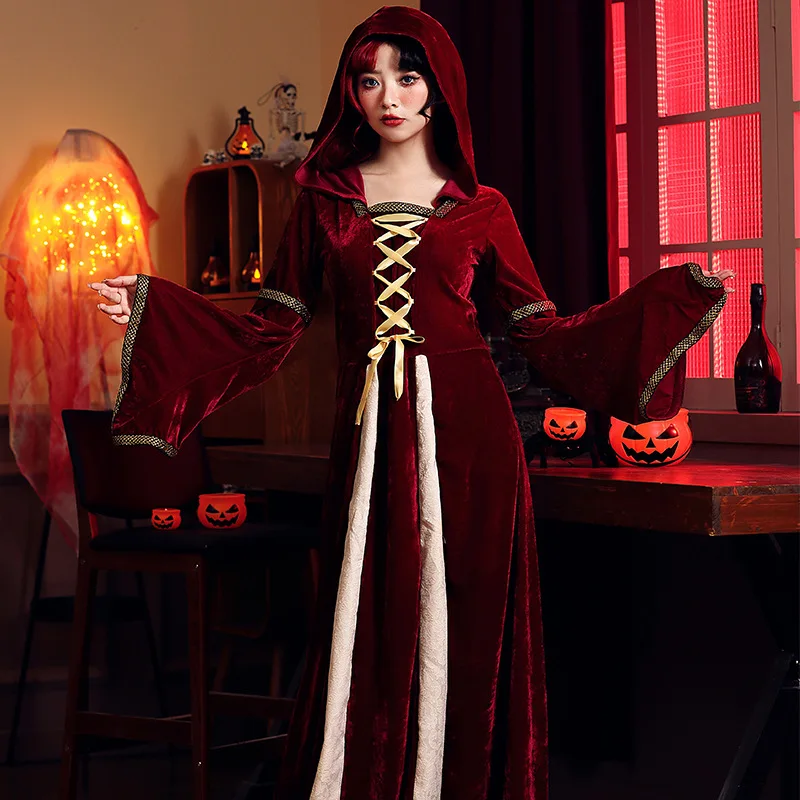 

Halloween Costume Retro European Medieval Costume Dark Red Court Women's Long Dress Stage Performance Costume