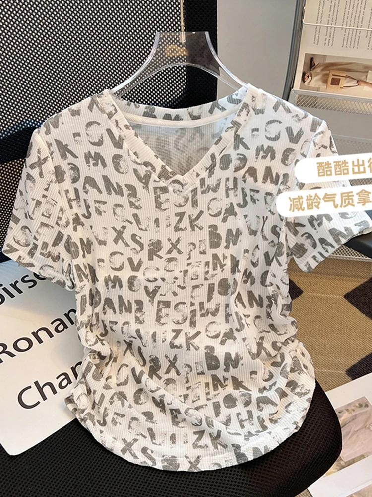 

2023 Summer New V-Neck T-shirt Women's Short Sleeve Thin Top