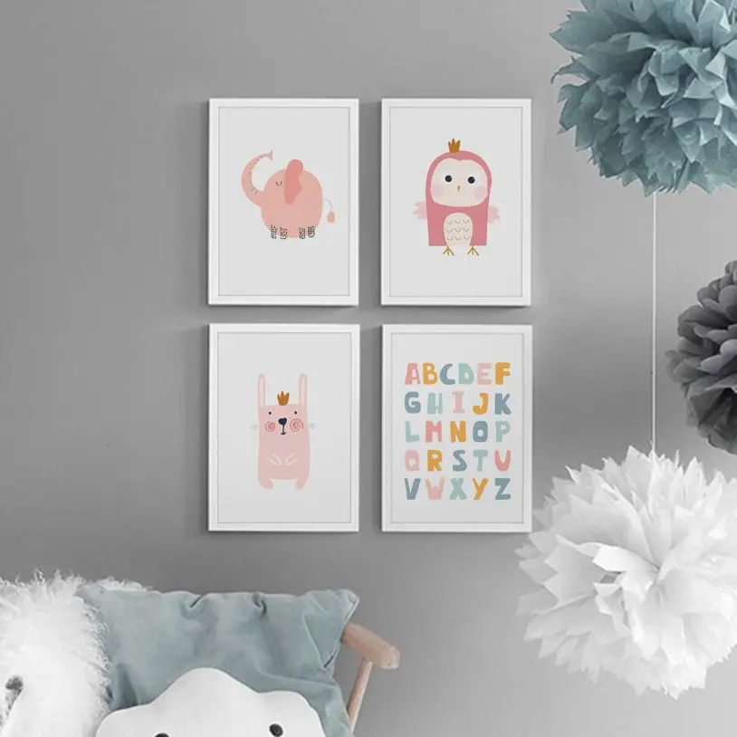

Cute Rabbit Elephant Owl Rainbow Alphabet Wall Art Canvas Painting Nordic Posters And Prints Wall Pictures For Living Room Decor