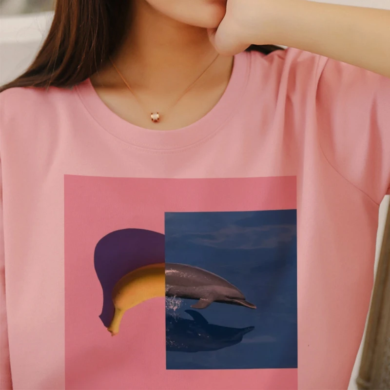 

Fashion Women's Pink Abstract Aesthetic Art Jigsaw Print Harajuku Korean Style Kawaii Vogue Casual Loose Short Sleeve Top Tshirt