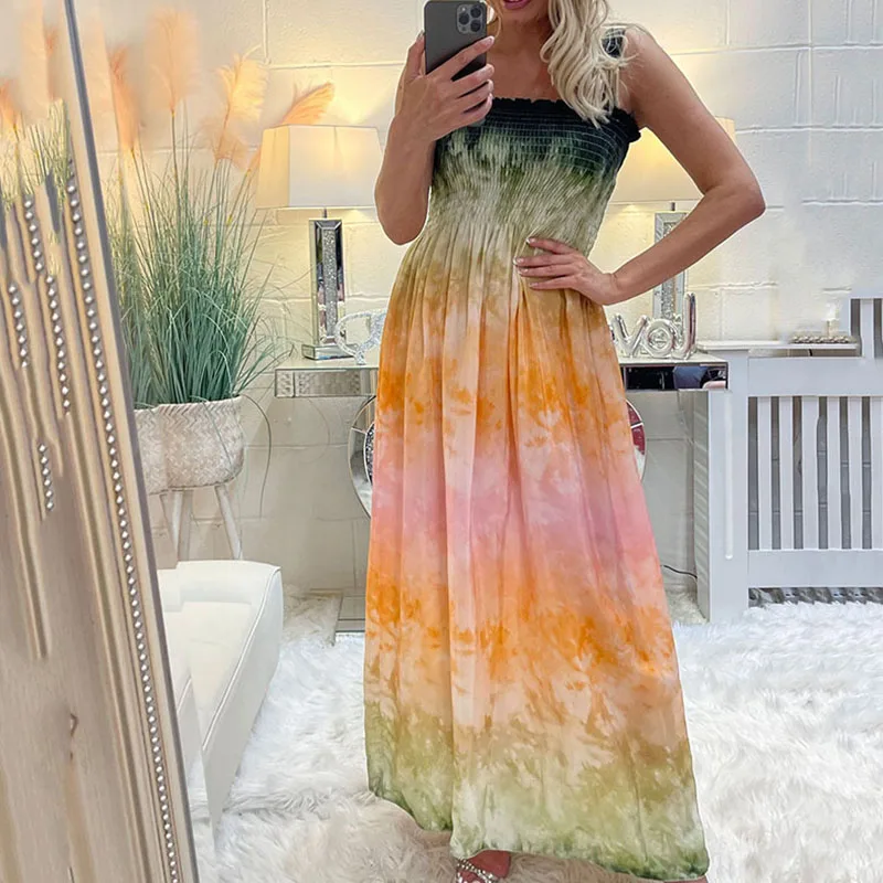

Fashion Strap Wrapped Chest Pleated Party Dress Elegant Backless Waist Vacation Dress 2023 New Tie Dye Printed Women Long Dress