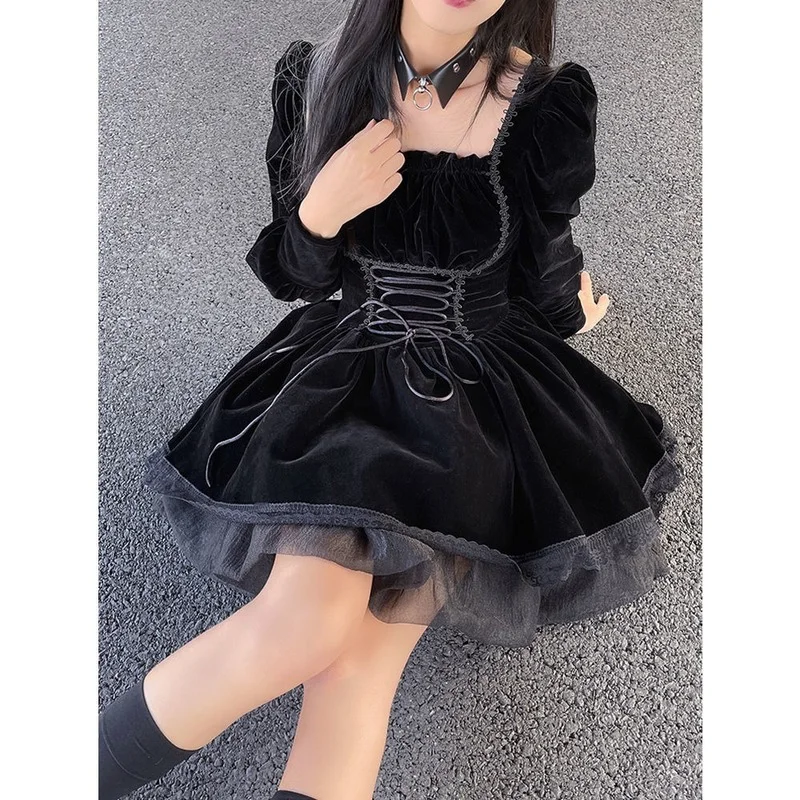 

Кружевное французское мини корейское винтажное женское элегантное вечернее платье 2023 бархатное платье Лолита зимнее готическое японское ...