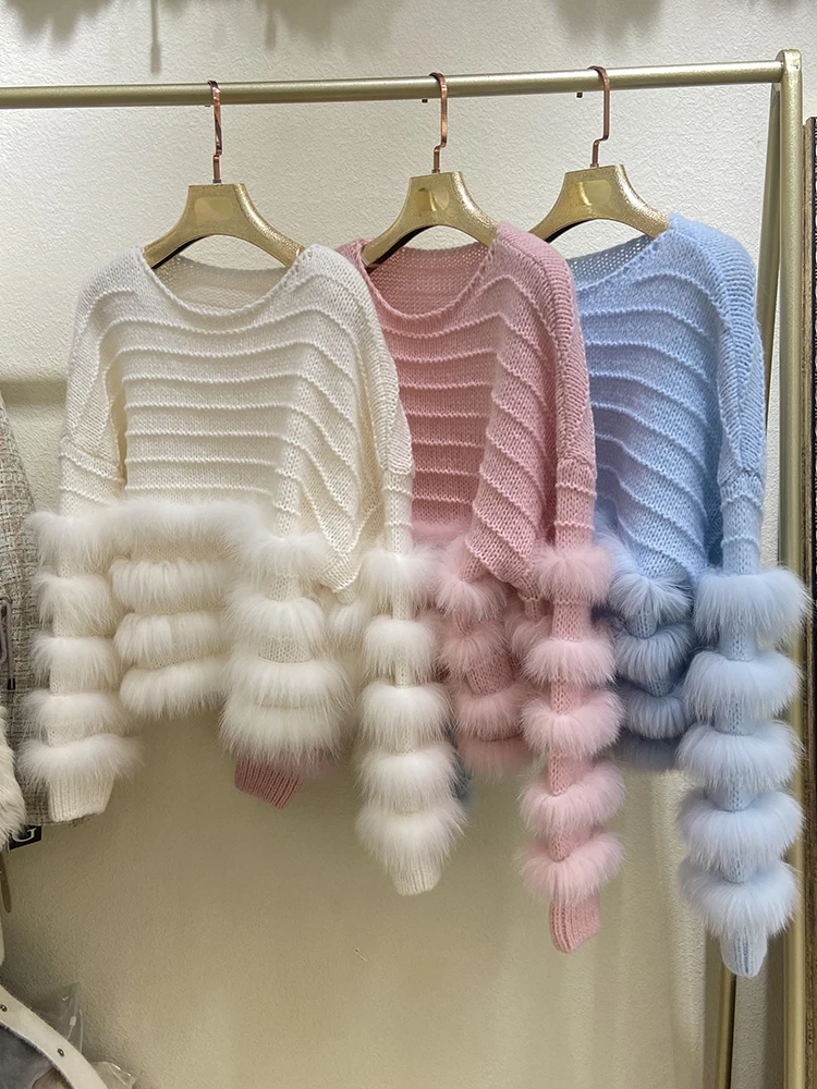 

2022 Women Fashion Autumn Spring Thin Real Fox Fur Round Neck Sweater Real Fur Trim Loose Sweater