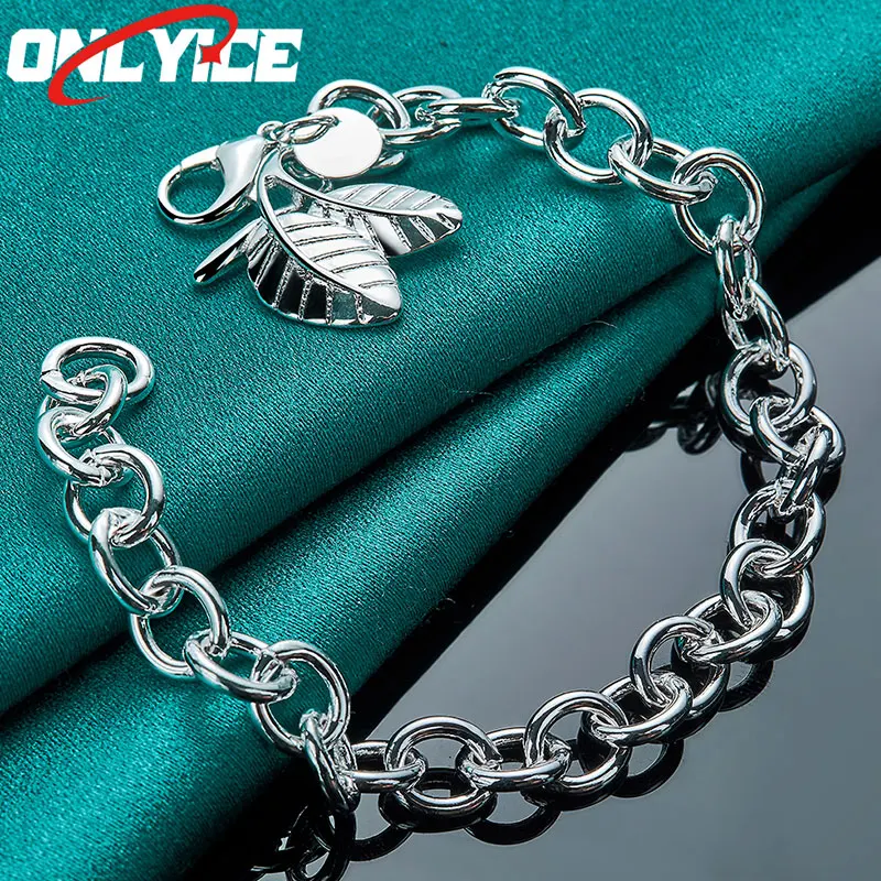 

925 Sterling Silver Round Chain Two Leaf Pendant Charm Bracelet Ladies Fashion Party Wedding Engagement Jewelry