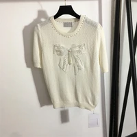 women knitted t shirts o neck decorated with bow streamers and diamond loose casual style soft and comfortable summerspring