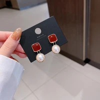 new retro red stud earrings simulation pearl pendant ladies fashion personality small stud earrings 2022 trend jewelry