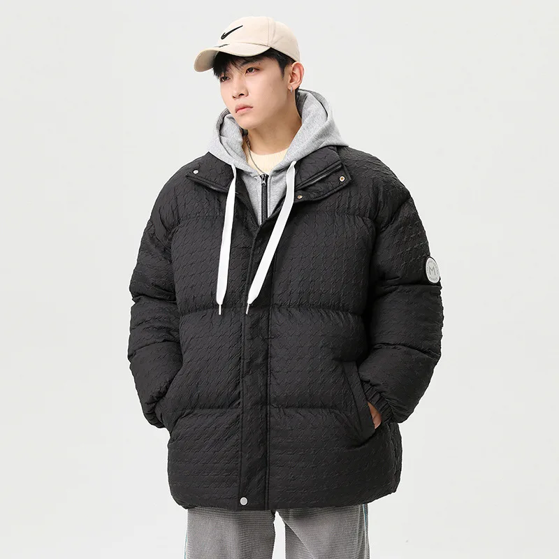 Winter Jackets Mens Fashion Fake Two-piece Hooded Jacket Windproof High Collar Color Matching Coat Houndstooth Padded Jacket