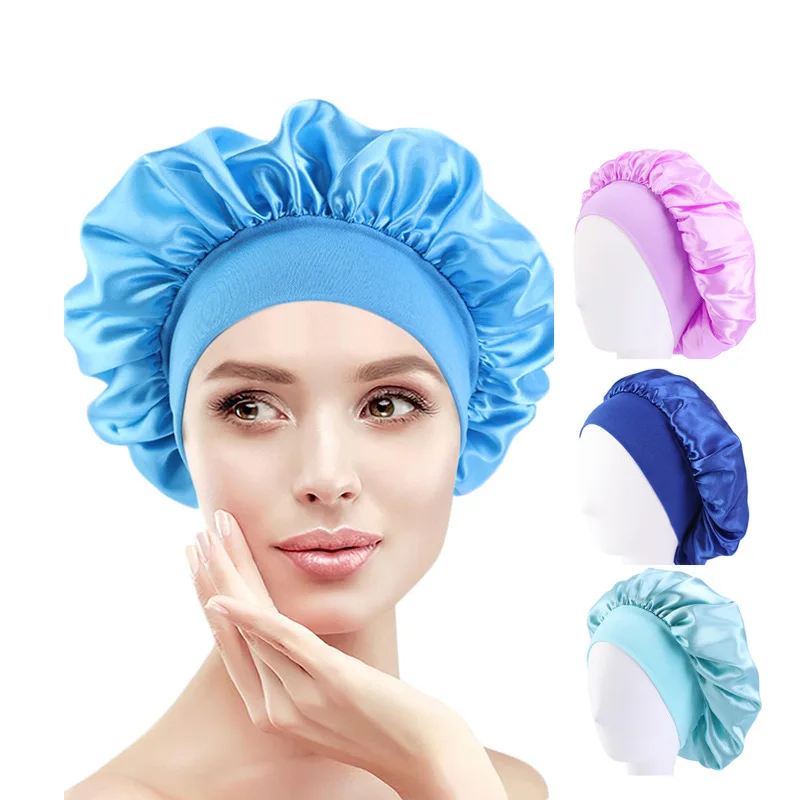 

Women Sleeping Caps Bathroom Satin Solid Color Stretch Bonnets Hair Hat for Daily Use and Beauty